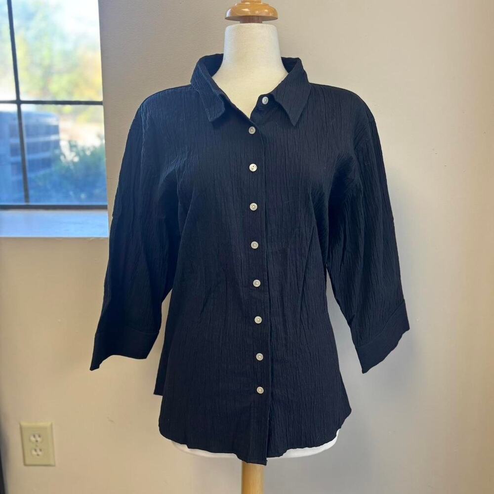 Denim and Co. Black Cotton Collared Button Up Blouse Jacket 3/4 Sleeves Sz 2X